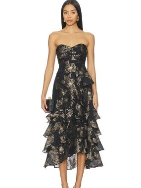 Astr Black Strapless Metallic Gold Floral Ruffle Midi Dress